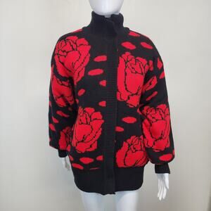 Winterset Womens Rose Print Knit Jacket Size S Mock Zip Up Elastic Waist Vintage
